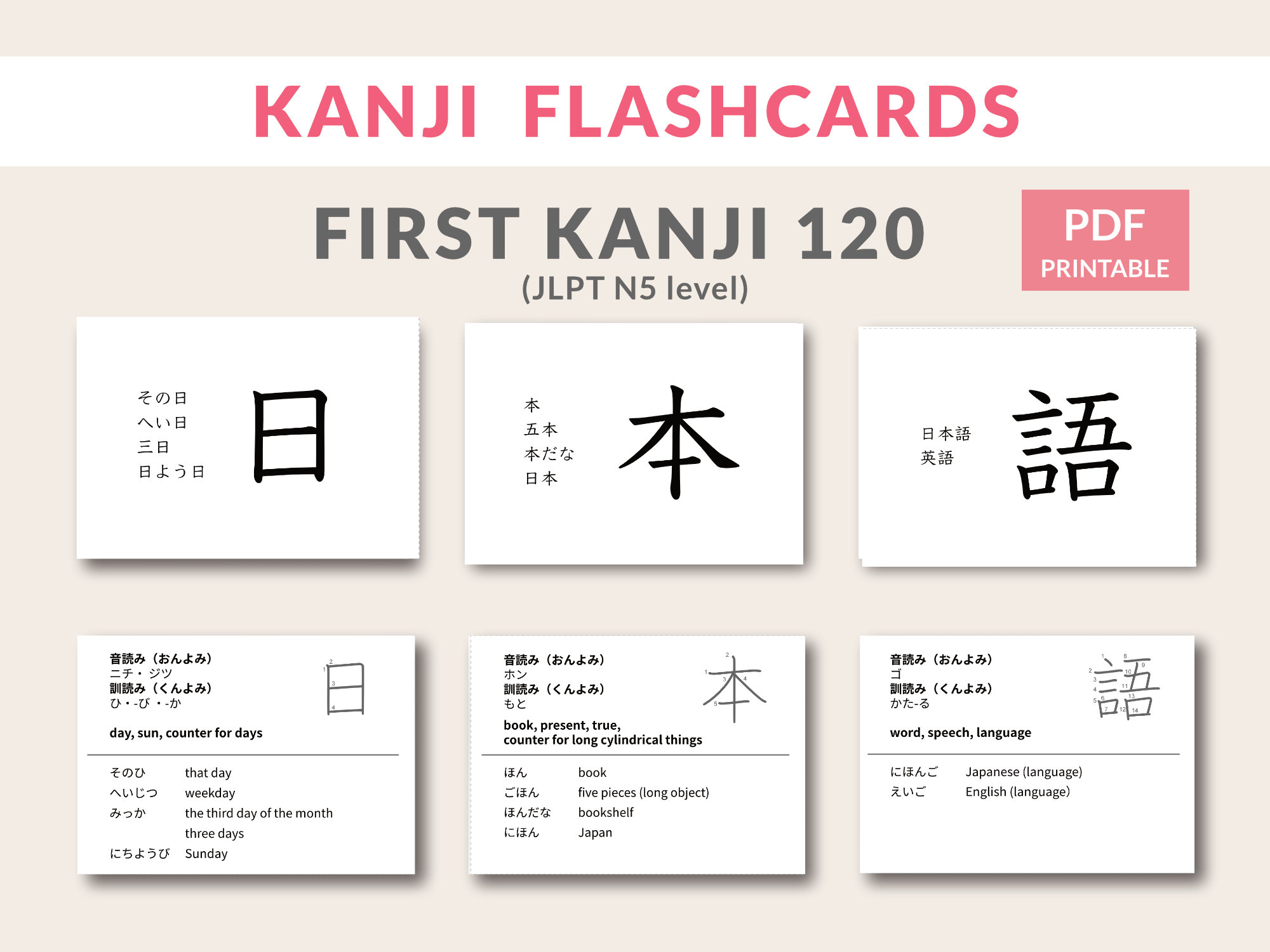 Japanese Kanji Flashcards: JLPT N5 Vocabulary (printable PDF