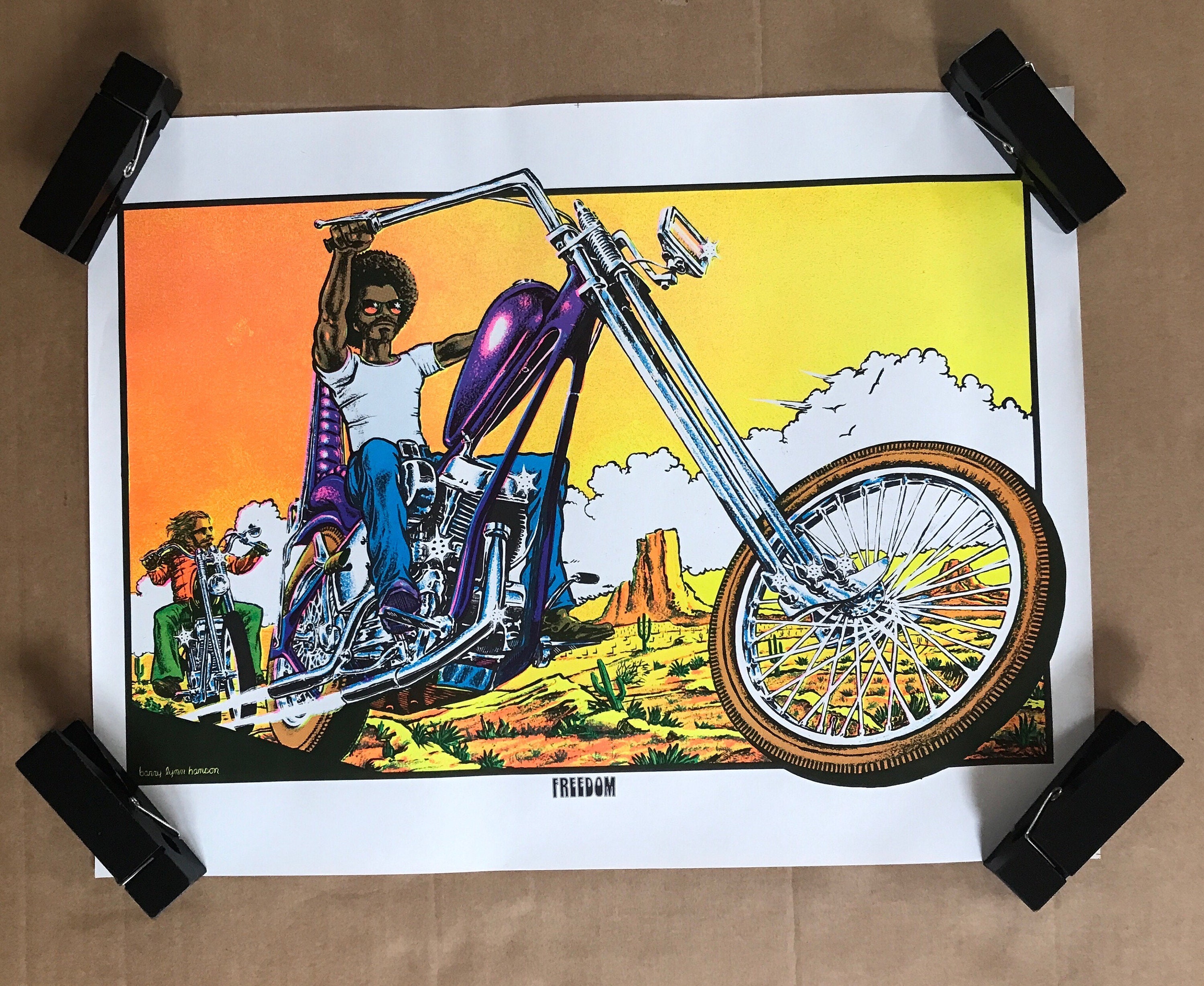 Vintage Original 1970s Freedom Chopper Blacklight Poster Afro Man