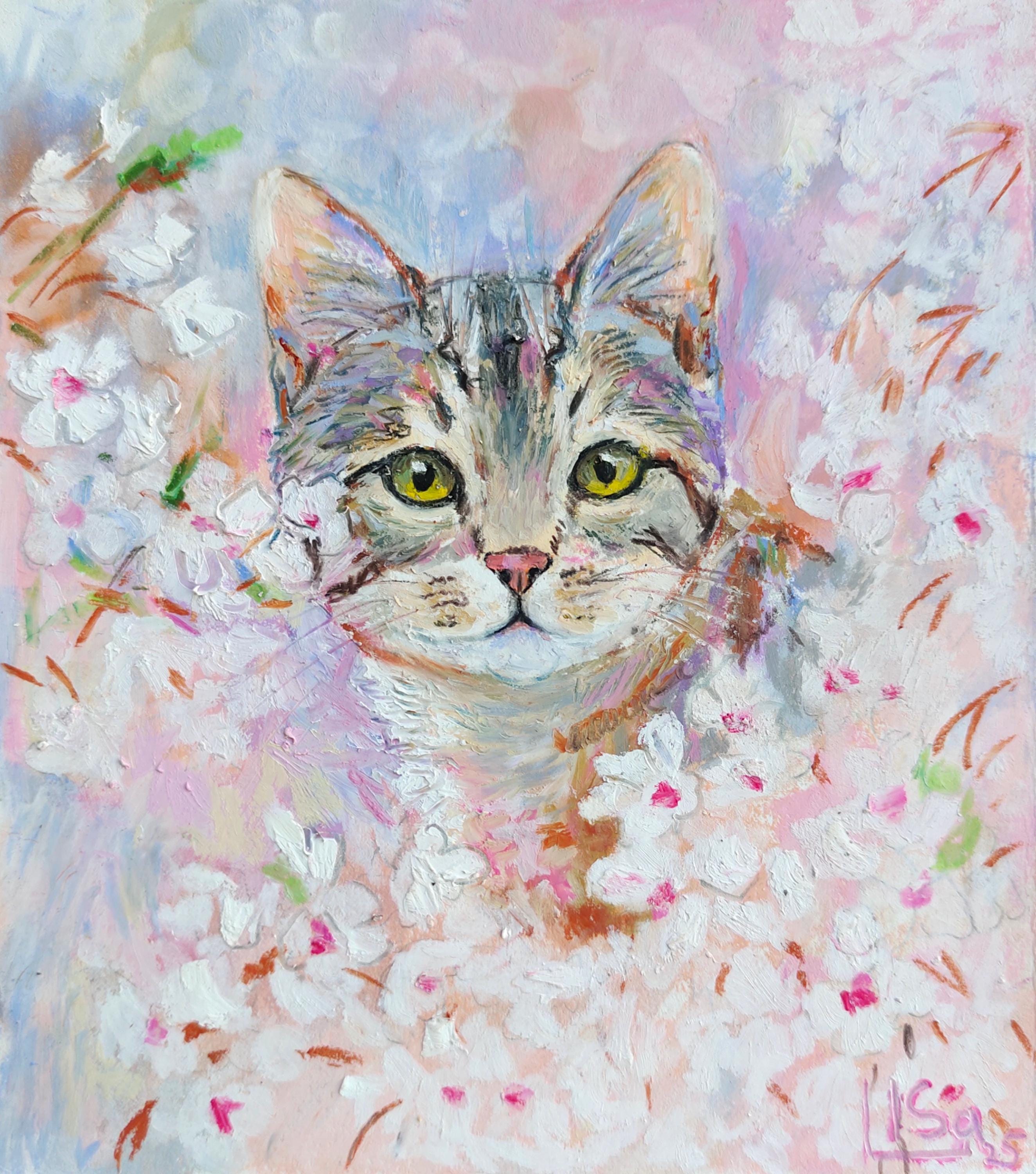 オリジナルオイルパステル画：猫の壁アート（5.5インチ×6.5インチ