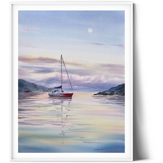 オリジナル帆船水彩画：海岸の海景アート（12 x 16インチ） - Etsy 日本