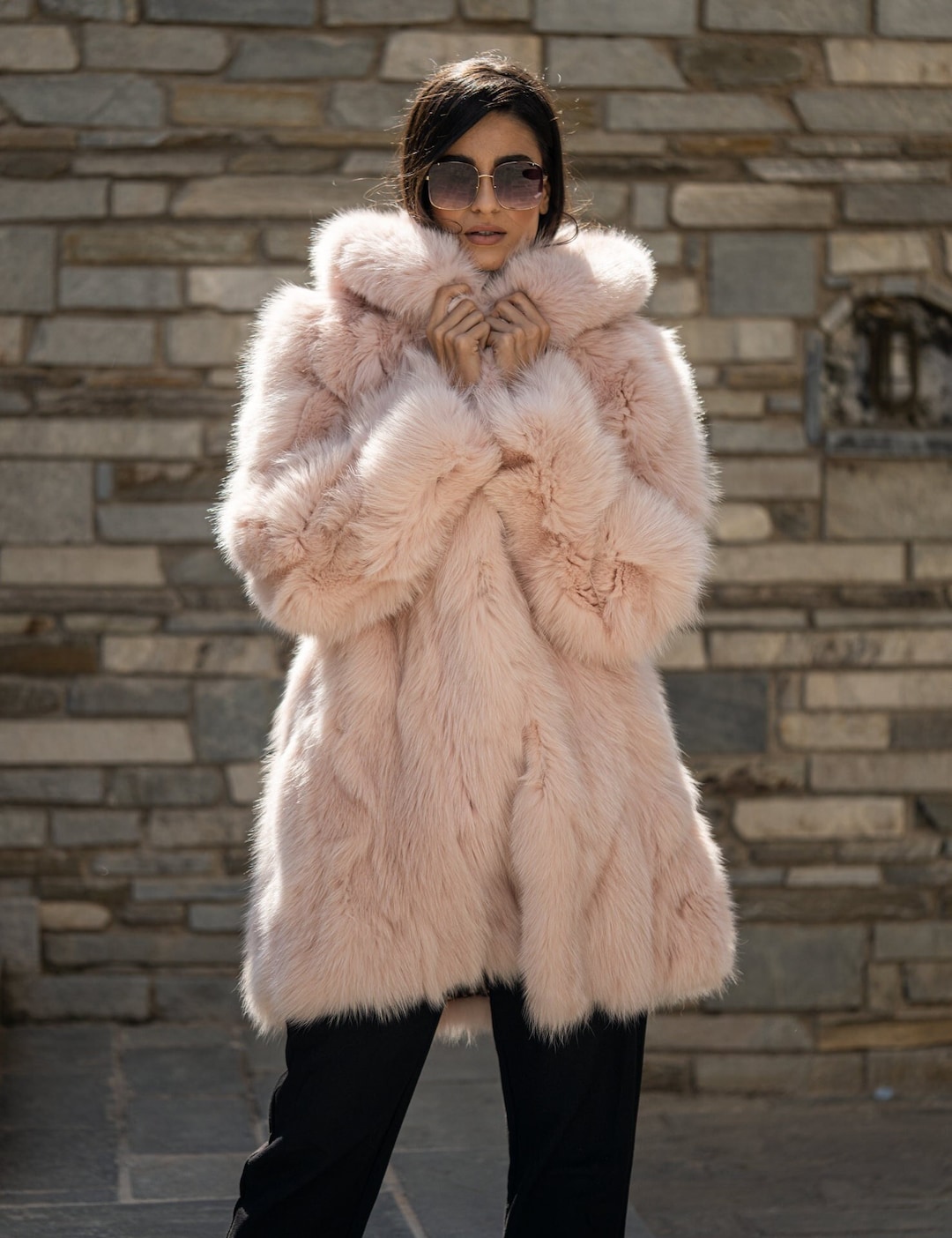 Long Line Fluffy Pink Fox Fur Coat With Hood. Super Warm Real Fox