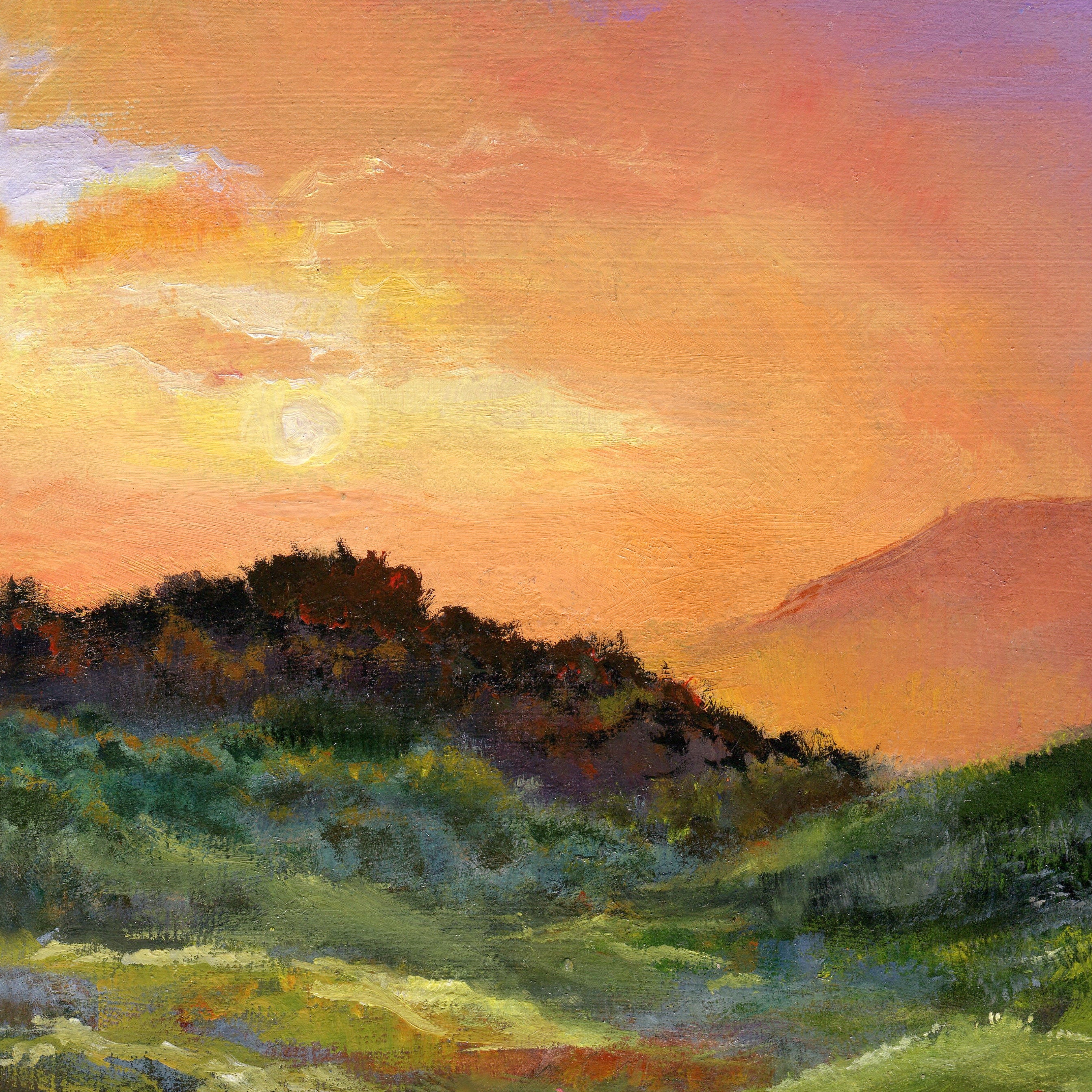 夕焼け風景油絵オリジナル、額入り田舎風景画、モダンファームハウス画