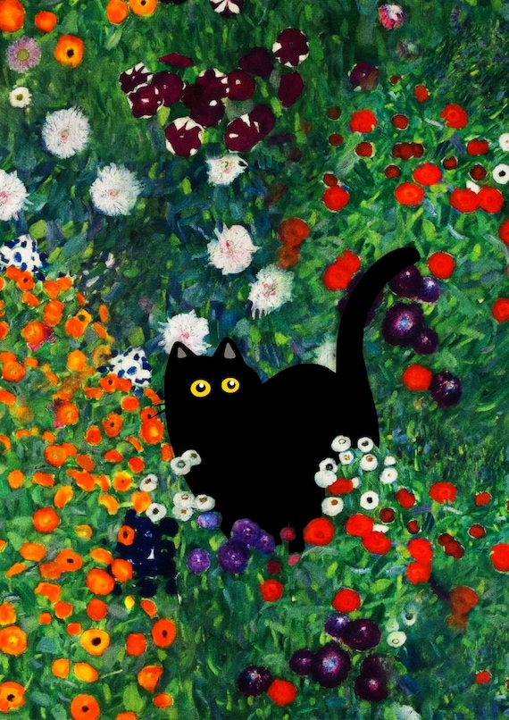 クリムトのガーデンキャットアートプリント：面白い黒猫の花柄ウォール
