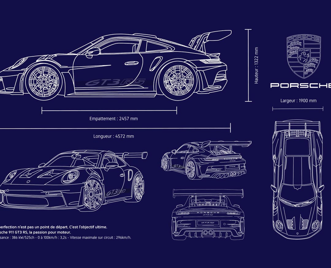 Canvas Print - Porsche 911 GT3 RS - Detailed Technical Drawing