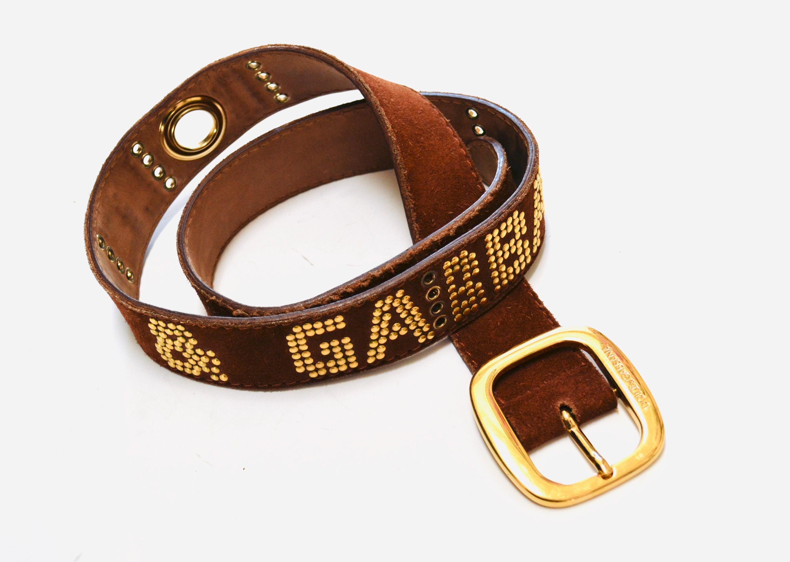 90s 2000s Vintage Dolce & Gabbana Belt Brown Suede Leather Gold