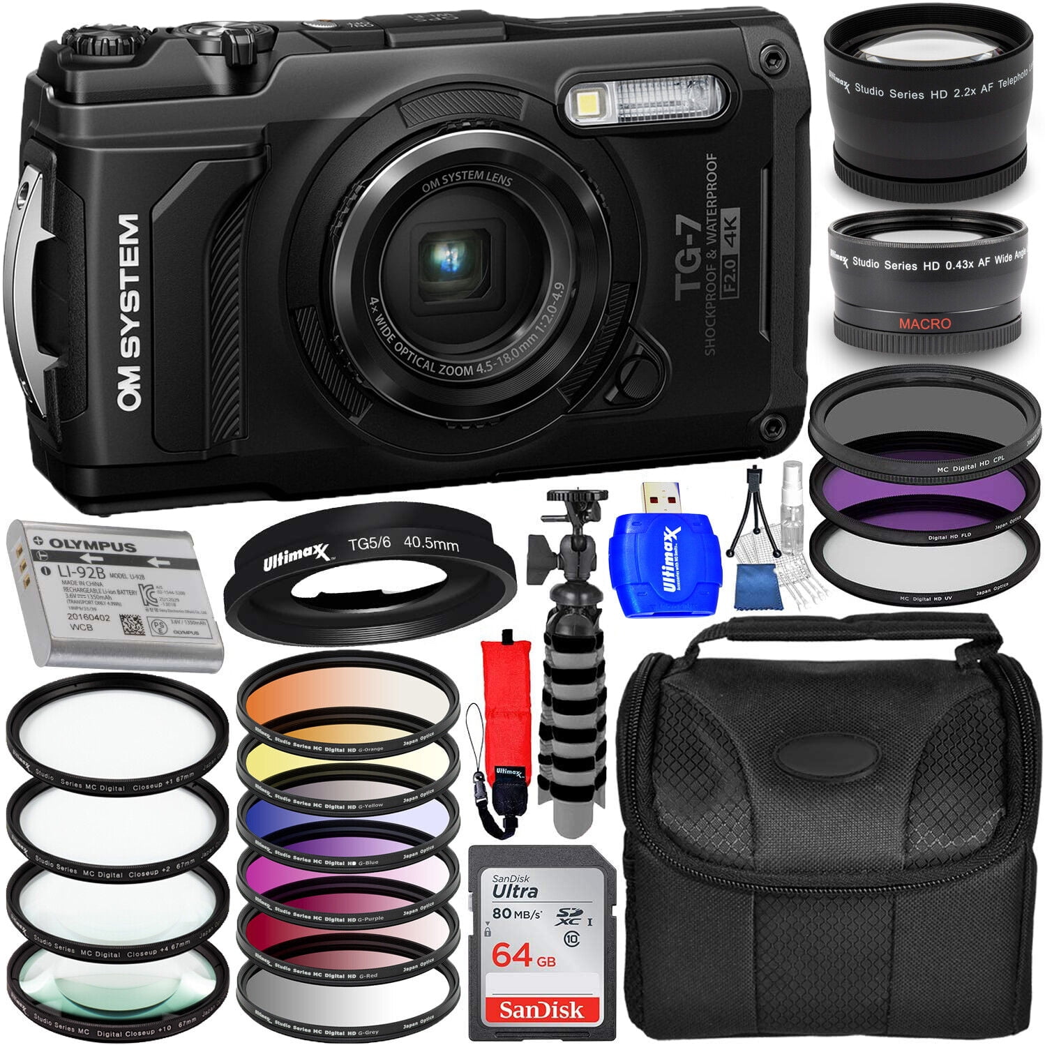 OM SYSTEM Tough TG-7 Digital Camera, Black, 12MP, 4x Optical Zoom