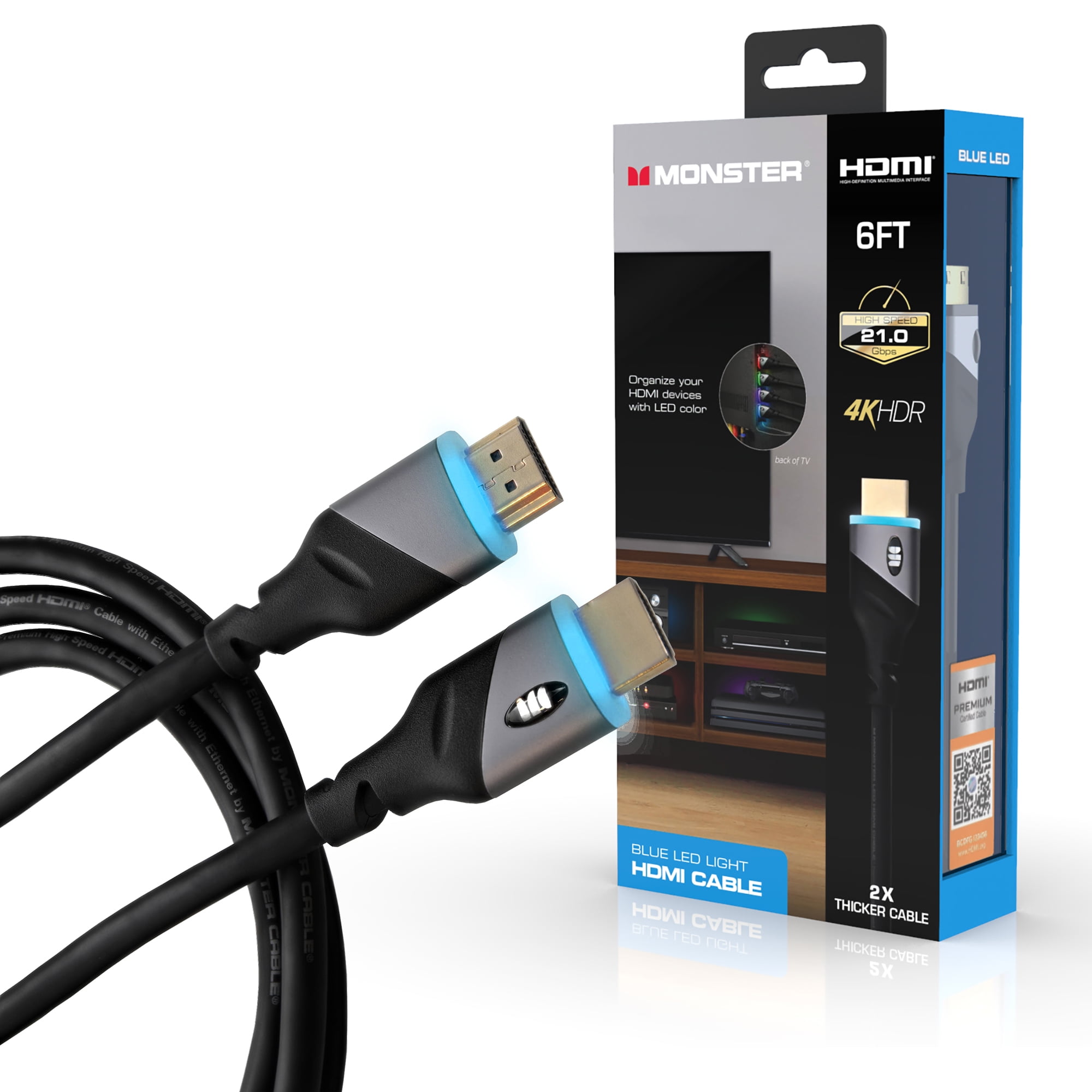 Monster 4K HDR HDMI Cable, 6ft, High-Speed with Green LED Light