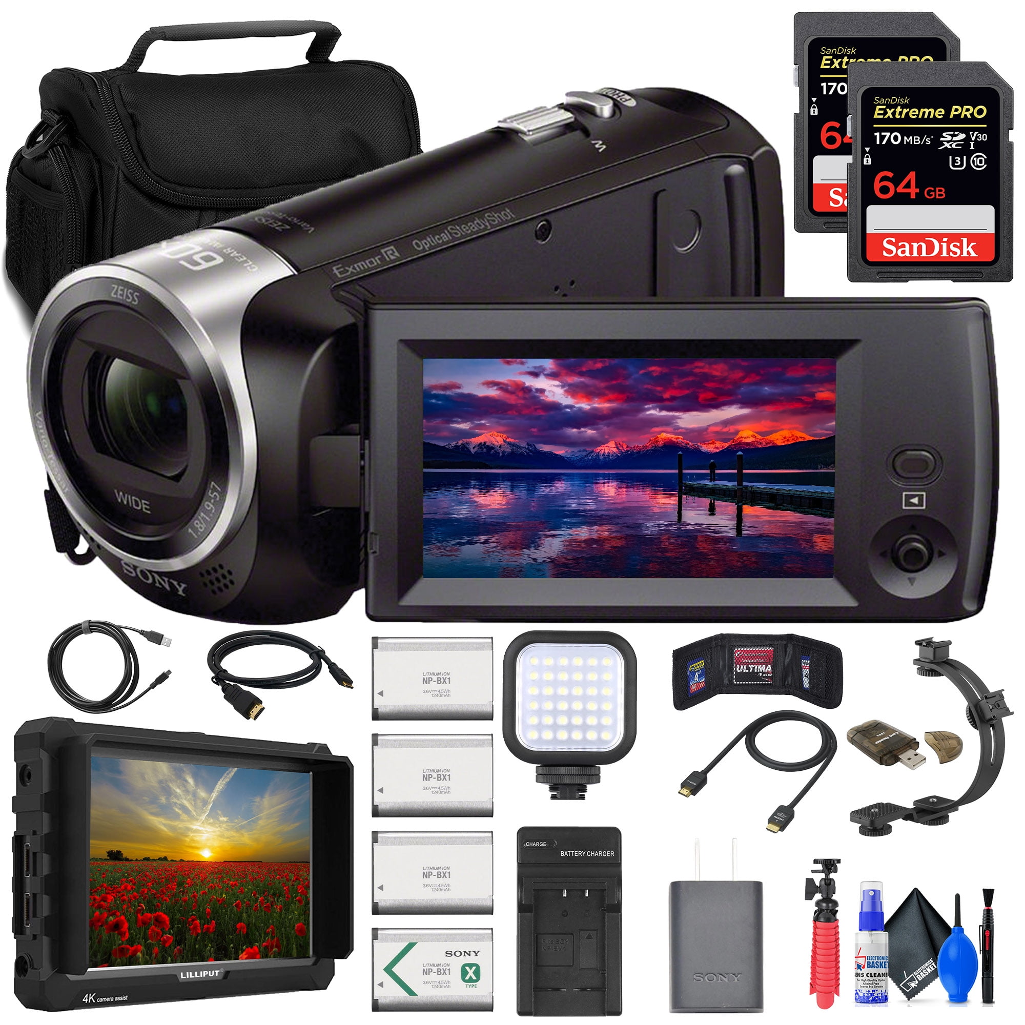 Sony HDR-CX405 HD Handycam Camcorder Bundle + 4K Monitor, 2 x 64GB