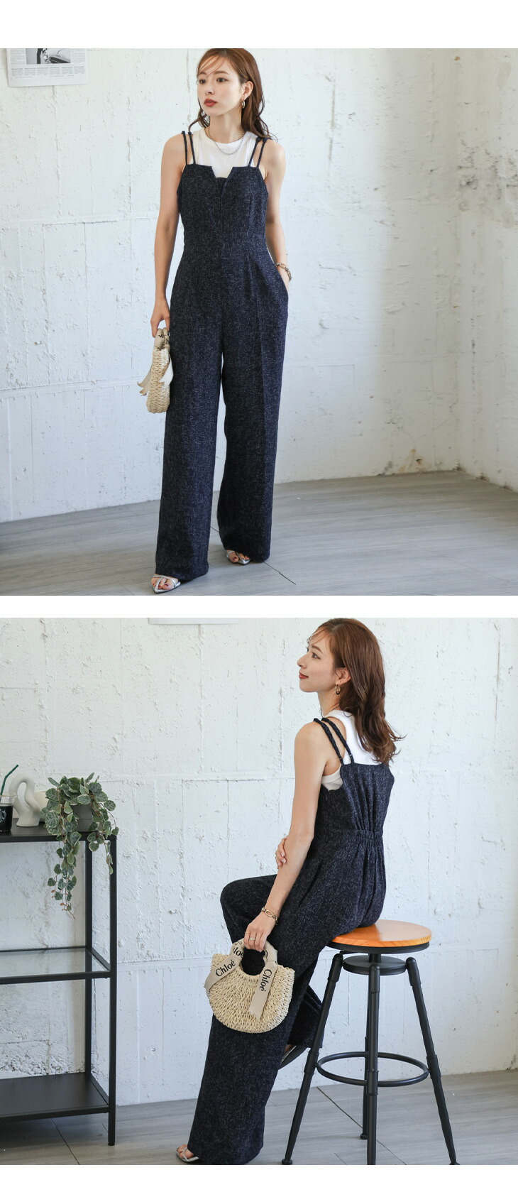 AMELY by La-gemme］ビスチェ風 サロペット ワイドパンツ センター