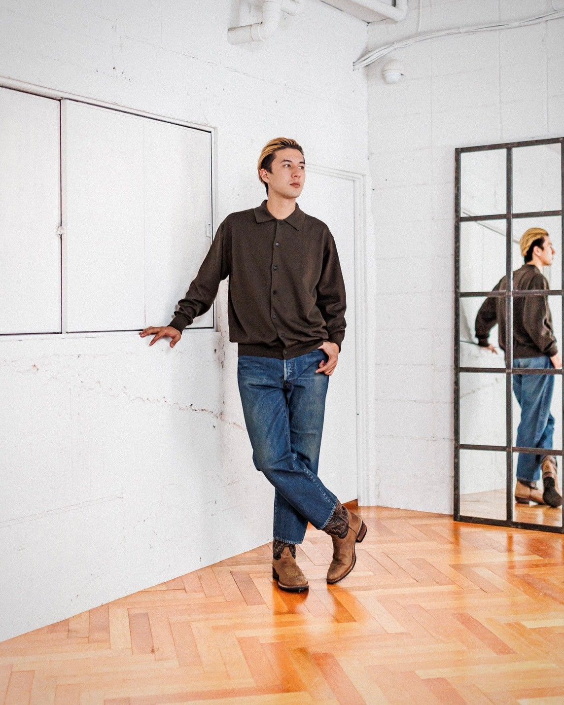 A.PRESSE Cotton Knit Polo Collar Cardigan (OLIVE)スタイル 2月8日