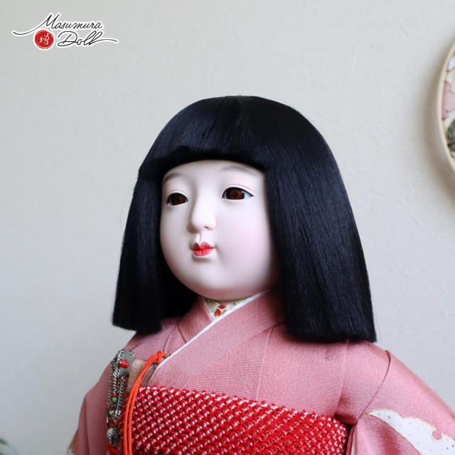 元賀章介作 12号(尺二) 正絹 別染め 桜と雪輪 ボカシ紫 市松人形 手塗