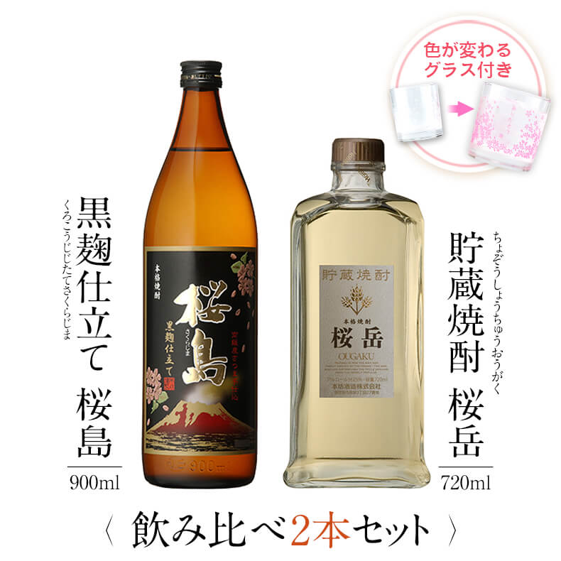 飲み比べセット グラス付き 黒麹仕立て 桜島 貯蔵焼酎 桜岳 2本 セット