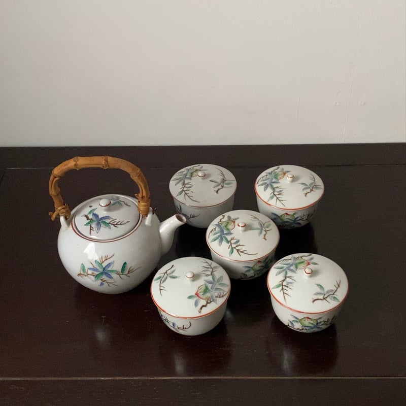 松風 古い茶器セット(急須+蓋茶碗5客) 桃柄 桃図 植物画 竹持ち手 湯呑