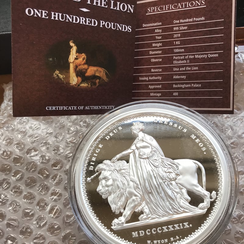 重量1kg】ウナとライオン コイン 銀貨 100ポンド 1キログラム 2019