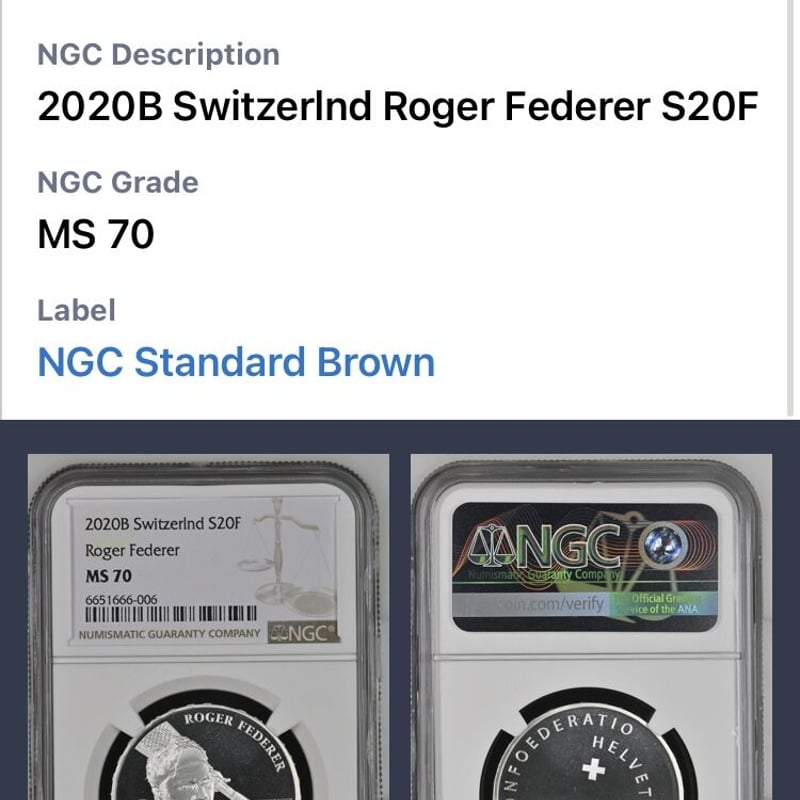 NGC鑑定MS70 ロジャーフェデラー 20フラン銀貨 シルバーコイン スイス