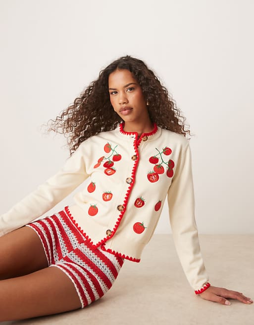 Never Fully Dressed tomato knit cardigan in cream | ASOS