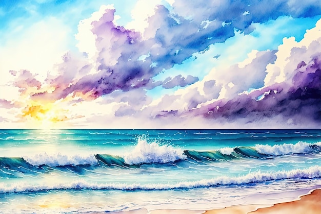 水彩画の海の風景画 サンセット シースケープ | Premium AI生成画像