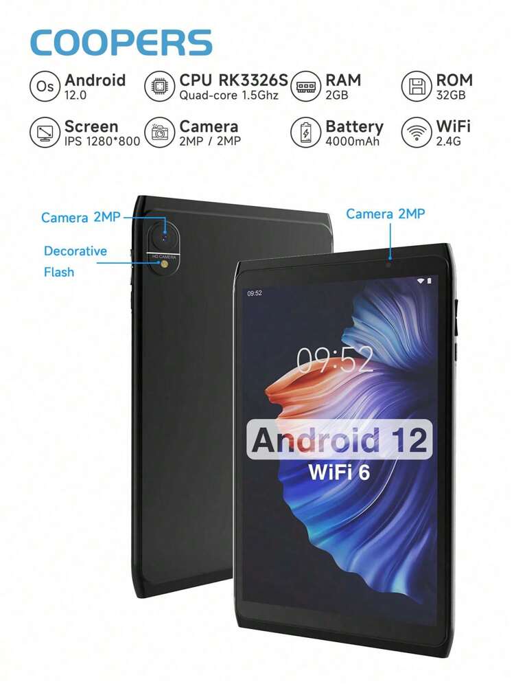 Coopers 8インチWiFiタブレットCP81 Android12/RK3326S 4コア 1.5GHz