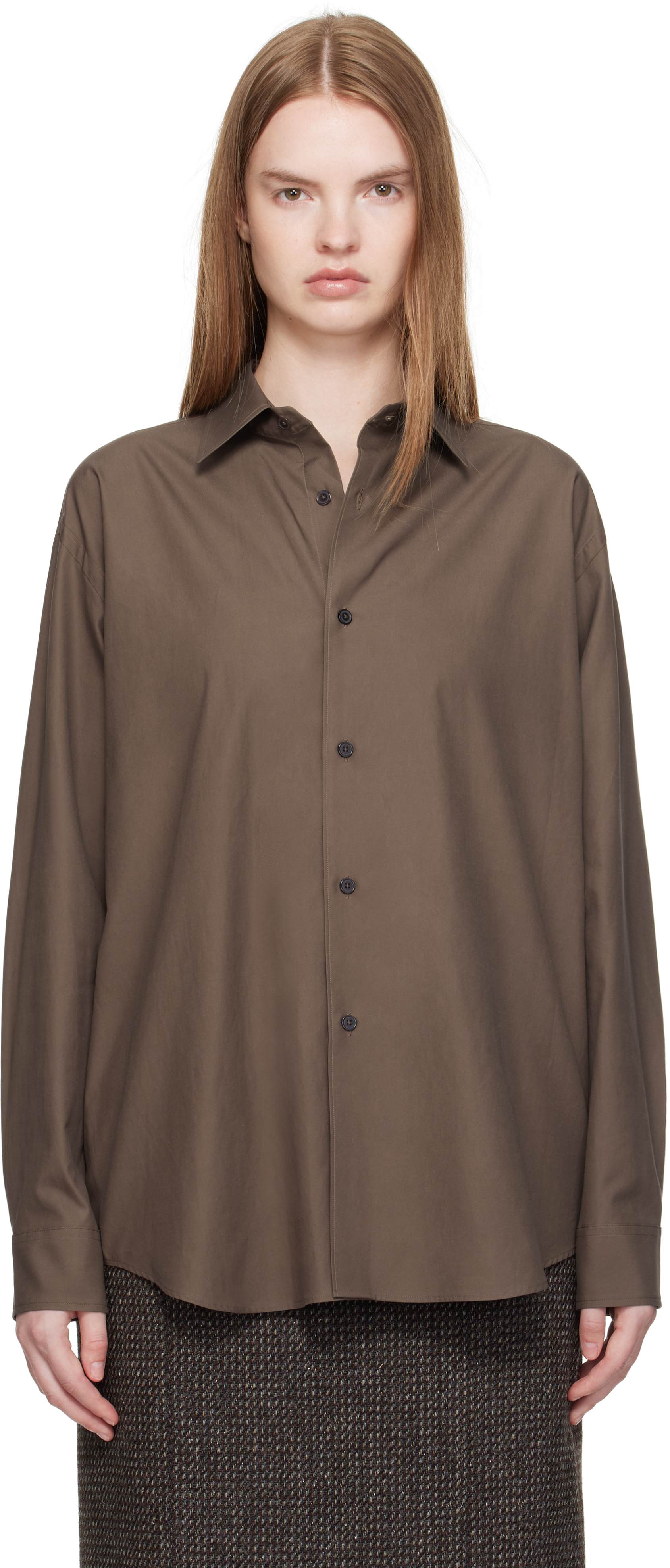 AURALEE: Brown Washed Finx Twill Shirt | SSENSE