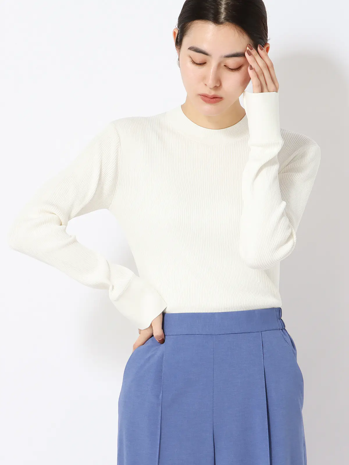 ハイネックリブニット／フレアスリーブ／ハンドウォッシュ／ストレッチ