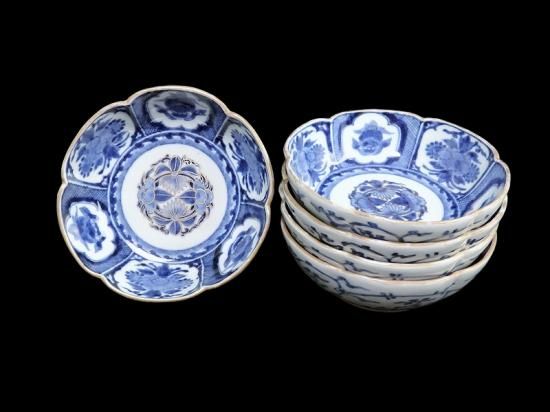 古伊万里 染付 花に獅子の図 膾皿 5枚セット