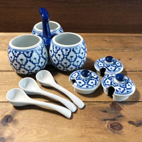 調味料入れ 一体型 青白陶器】 青白食器 パイナップル柄陶器 タイ料理