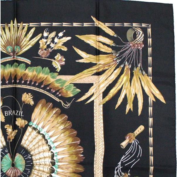 美品 エルメス HERMES カレ90 スカーフ BRAZIL ブラジル 黒系 シルク