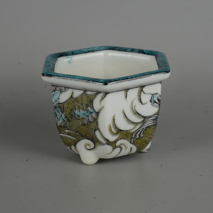 盆栽鉢 九谷 一向 小鉢 長辺 約9.3cm 六角鉢 色絵 雲龍図 共箱 共布