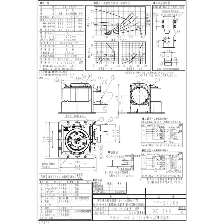Panasonic（パナソニック） FY-27JD8 天井埋込形換気扇 DCモーター搭載