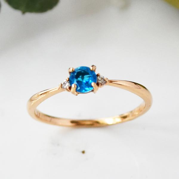 リング ネオン ブルー アパタイト ダイヤ K10ピンクゴールド トリア