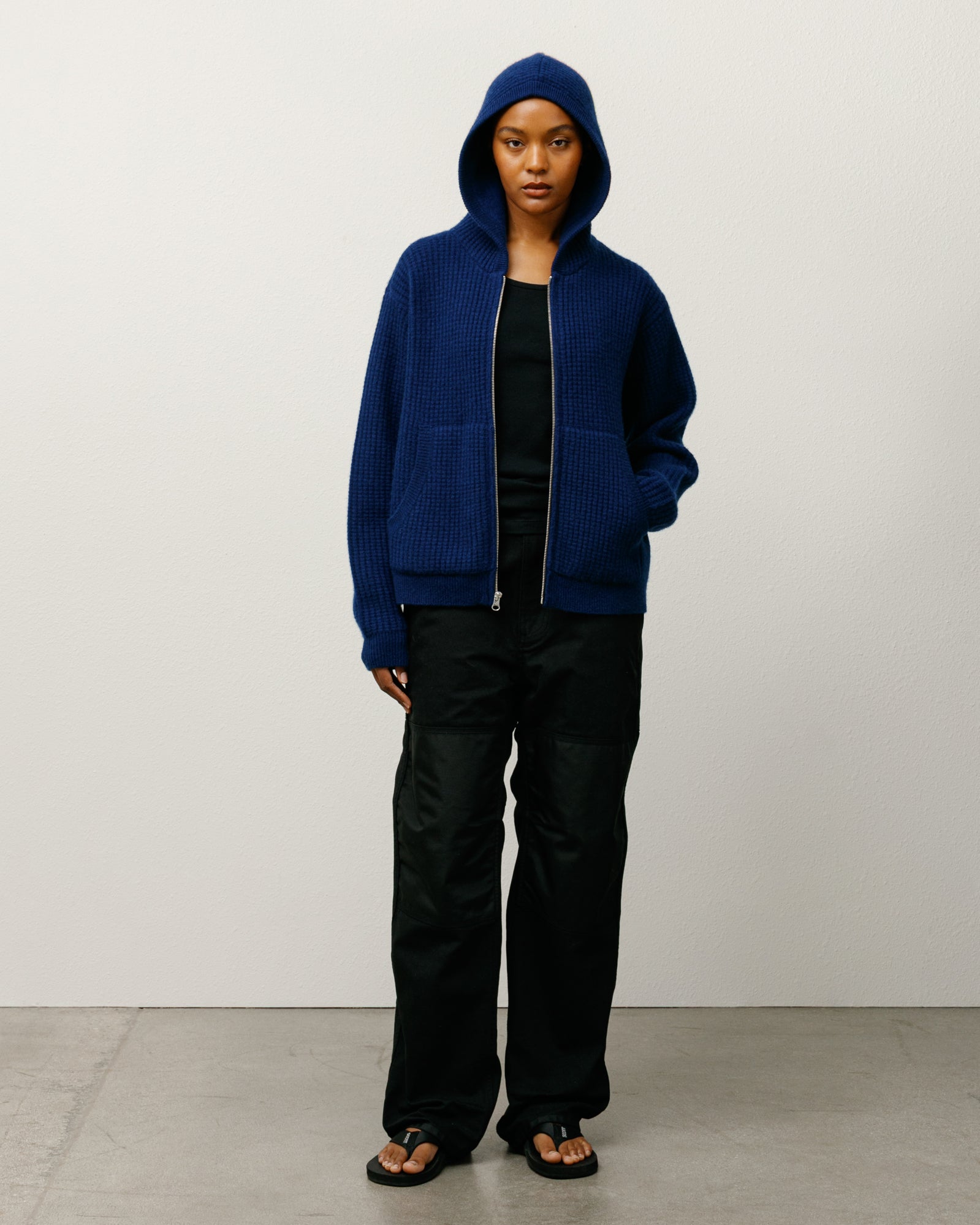 Waffle Cashmere Zip Hood Sweater – Navy | Sweaters & Knits