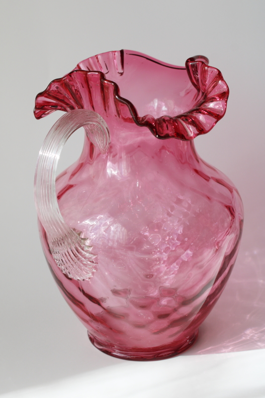 1940s vintage Fenton ruby cranberry glass pitcher, diamond optic
