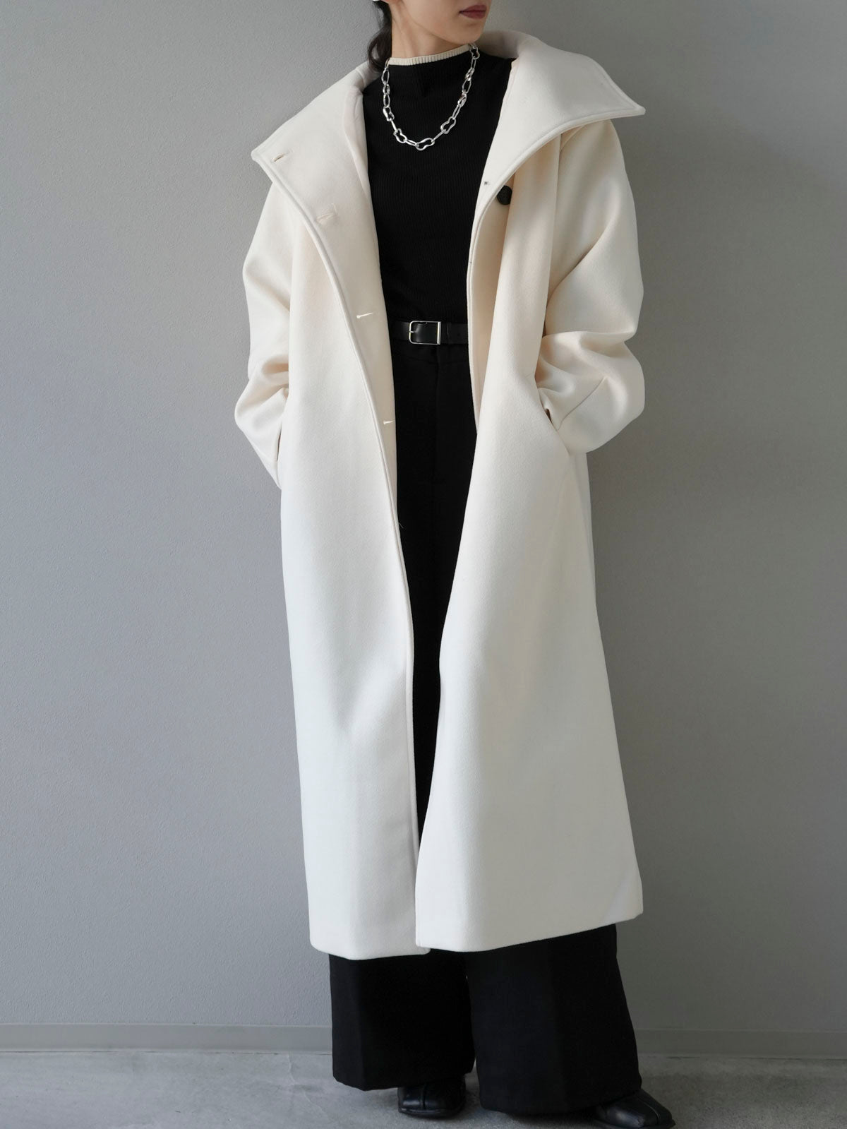 予約]ウールタッチビッグスタンドロングコート/アイボリー – Lumier
