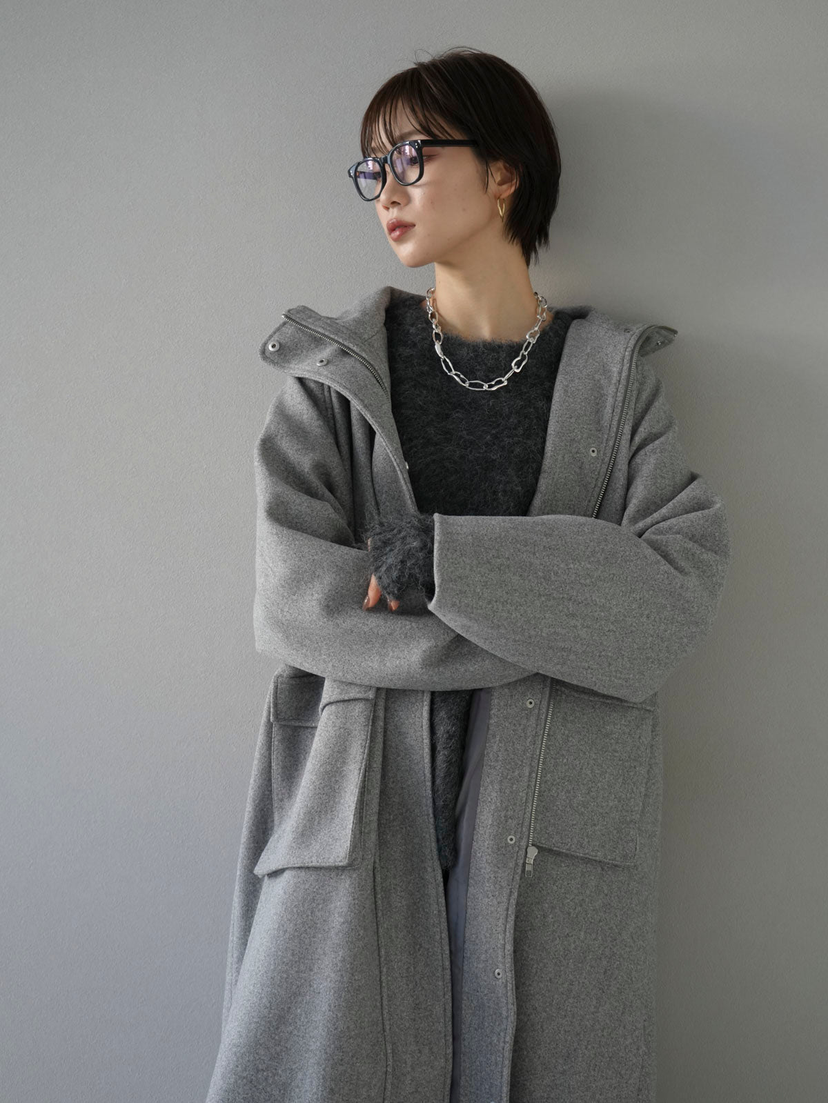 予約]ウールタッチスタンドカラージップコート/グレー – Lumier
