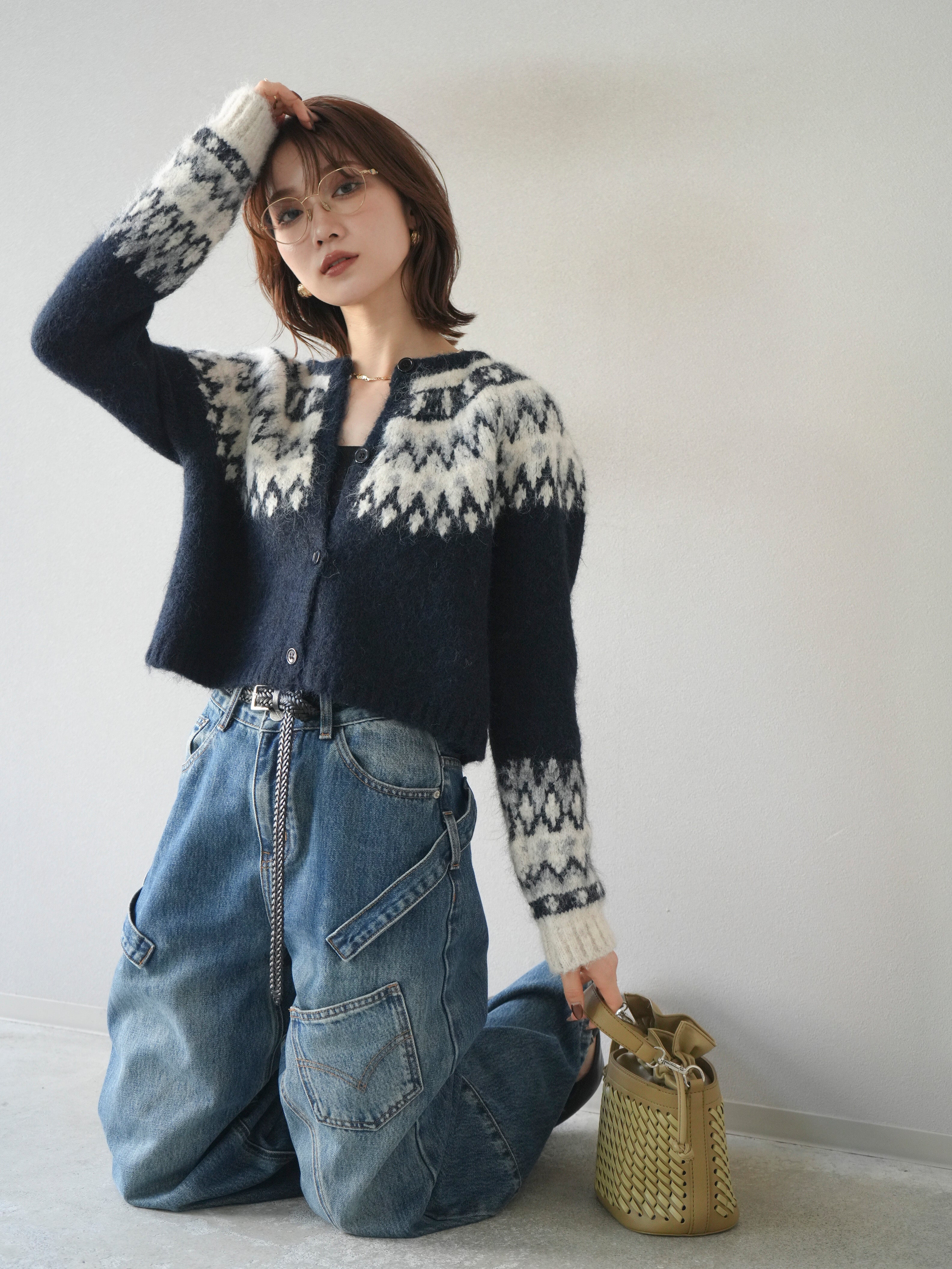 SET]求心柄クロップドニットカーディガン+ペインターカーブデニム