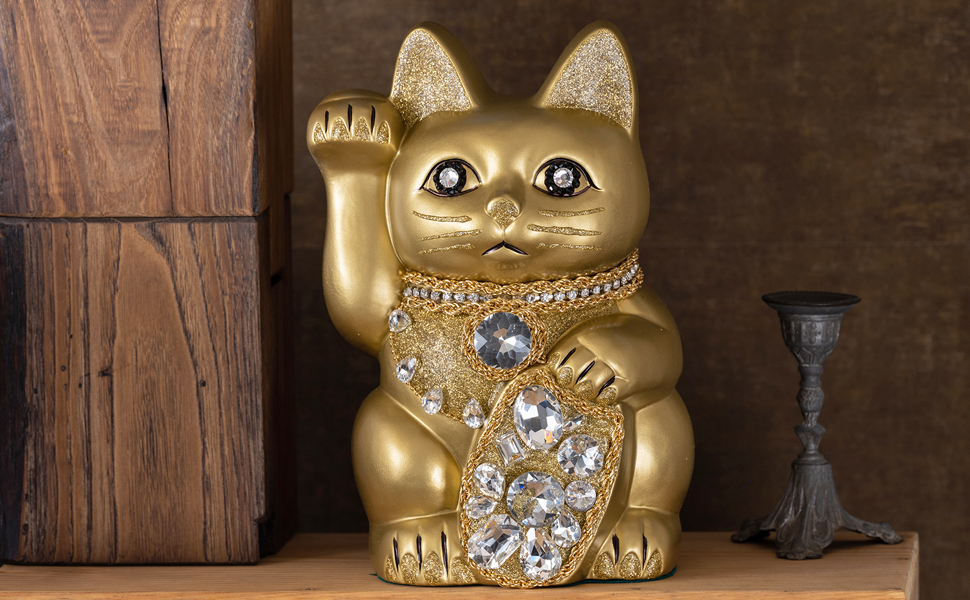 Amazon.co.jp: ご縁猫 ジュエリーキャット(L-SIZE 金 Gold）右手あげ