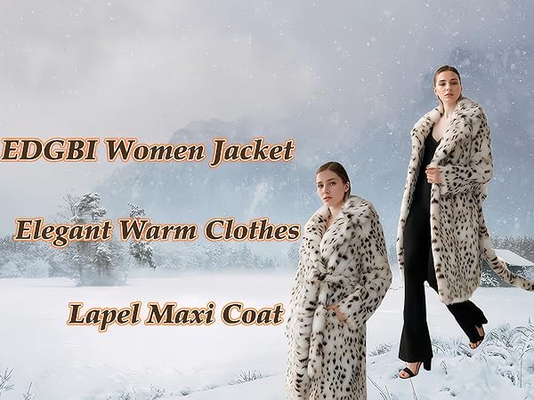 EDGBI Faux fur Leopard Lapel Maxi Coat Open Front Sexy Elegant