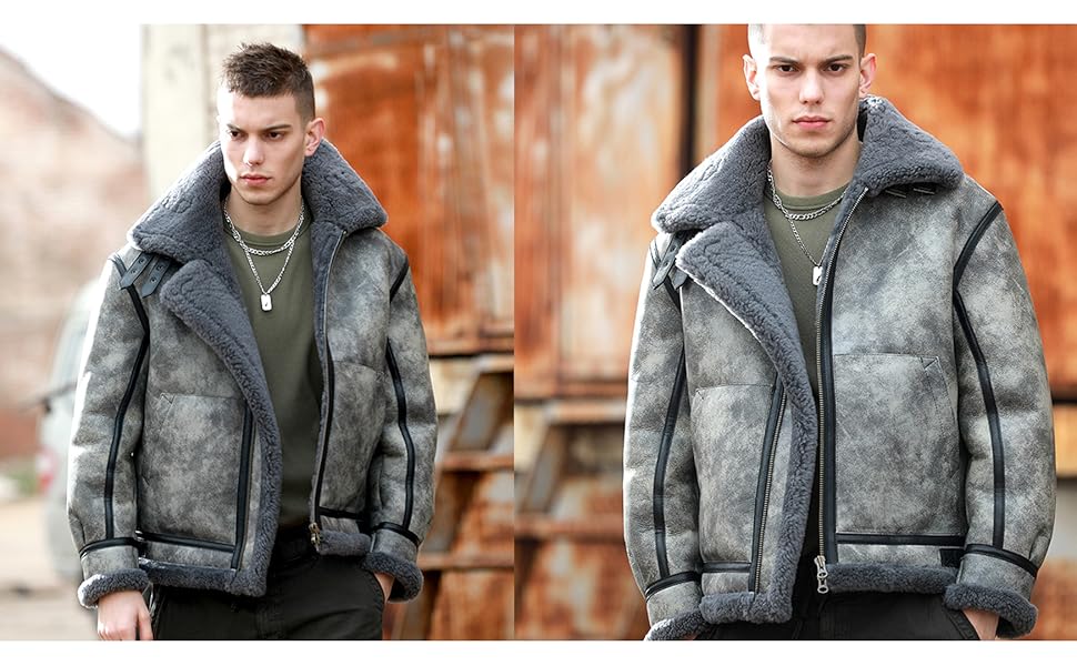 Denny&Dora Mens Grey Shearling Jacket Mens Pilot Jacket B3 Leather