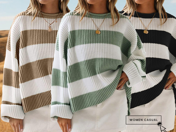 ZESICA Women's 2026 Fall Long Sleeve Oversized Striped Color Block