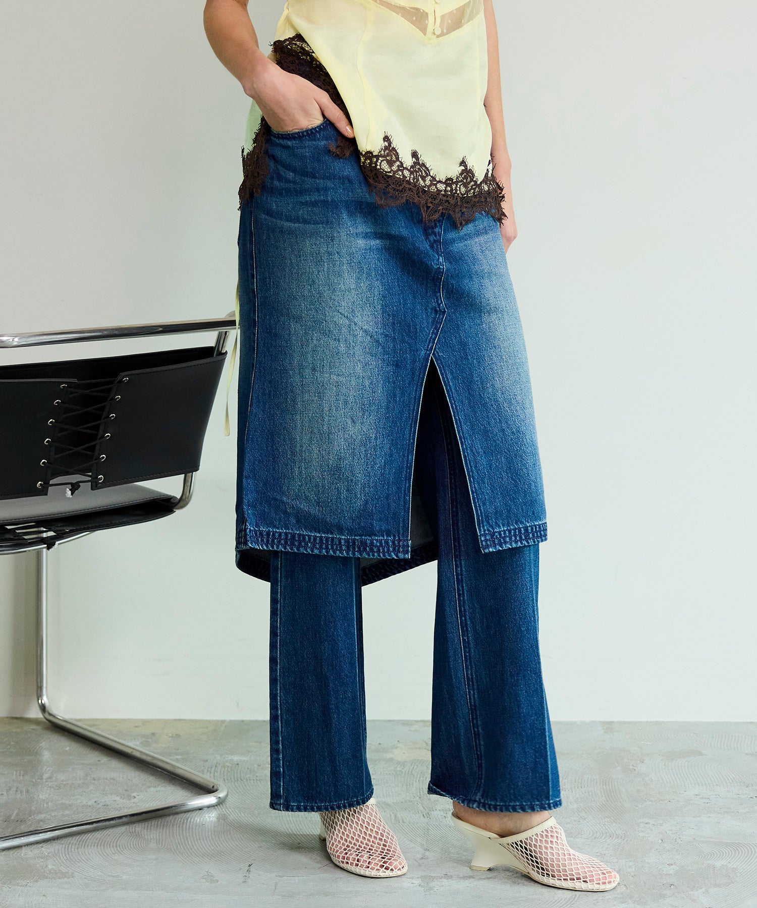 Layered Skirt Denim Pants
