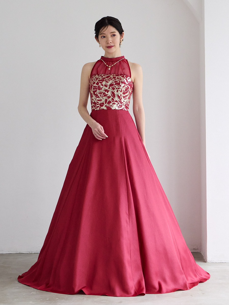 Brillante/ジョーゼット×箔加工Aライン2WAYロングドレス(M ブラック