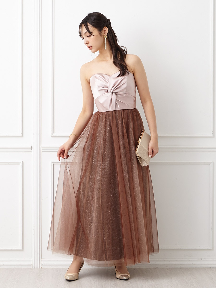 残りわずか】サテン×チュールアンクルドレス(M ピンク): AIMER | エメ