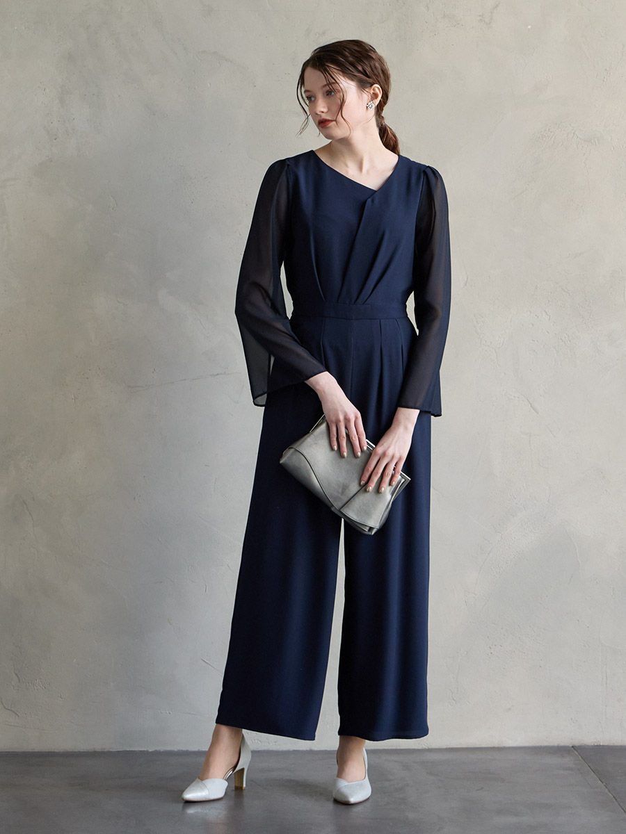 アシンメトリーネックラメスリーブパンツドレス(M ブラック): AIMER