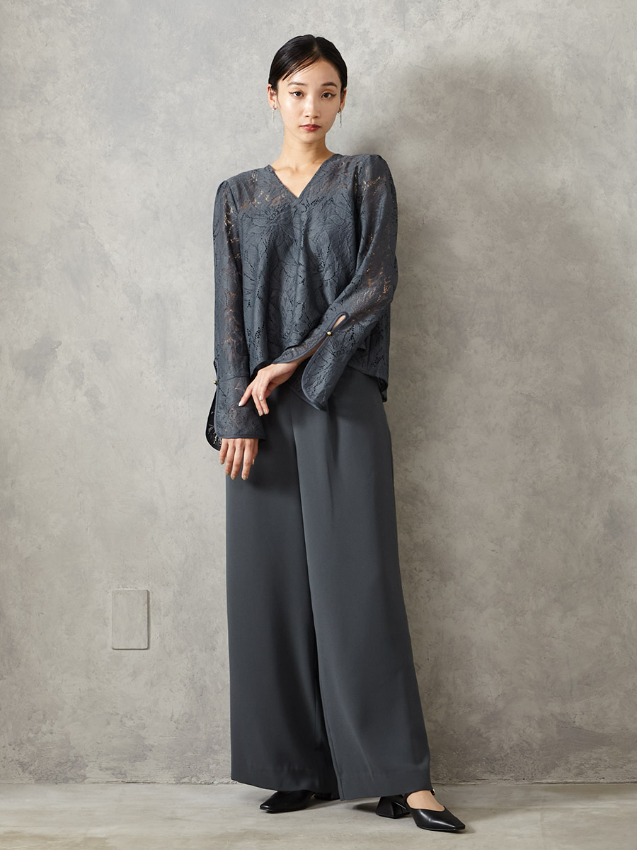 WEB限定】レースブラウス×パンツセットアップ(M ブラック): AIMER