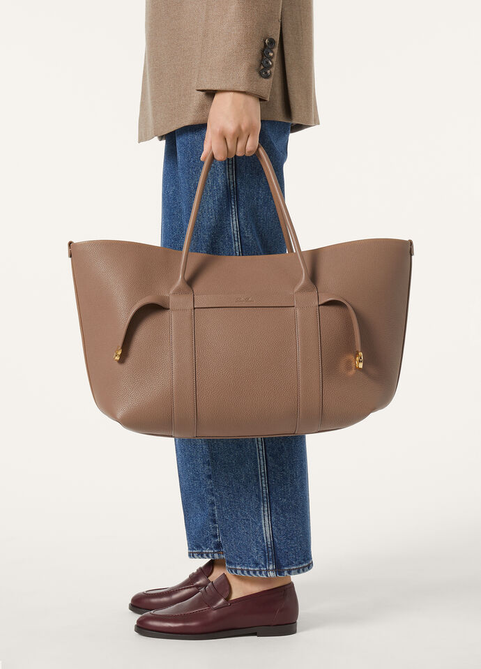 Large Ghiera Shopper Calfskin Fossil/Sun Gold | SHOPPERS Loro Piana US