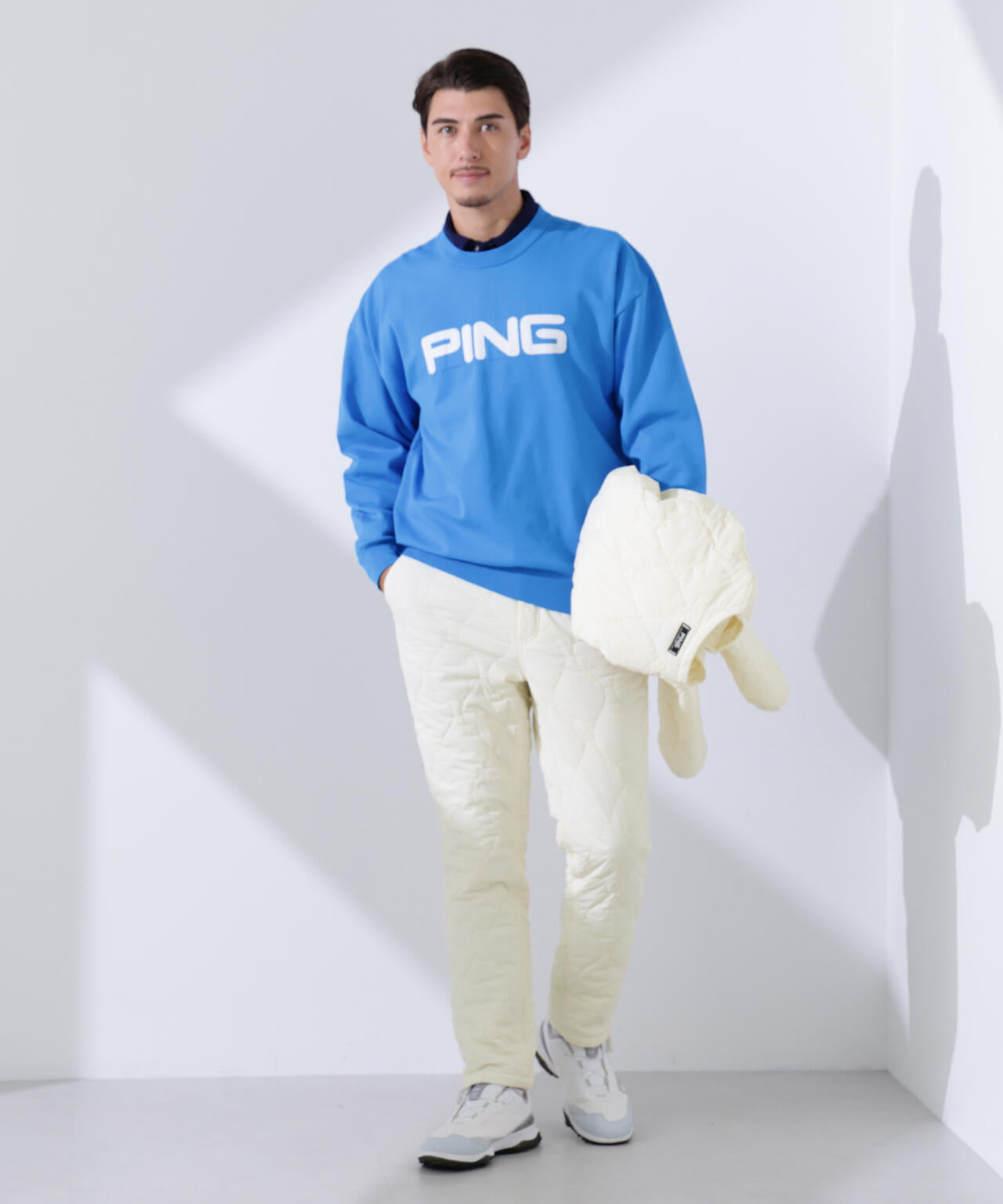 PING APPAREL】ストレッチタフタキルティングノーカラーブルゾン