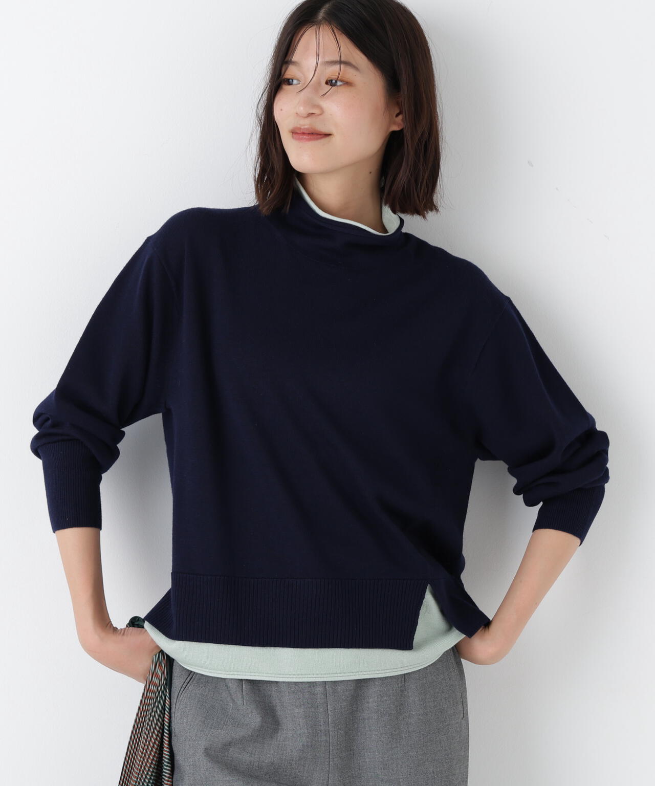 洗える》ウールMIXハイゲージバイカラーレイヤード タートルニット