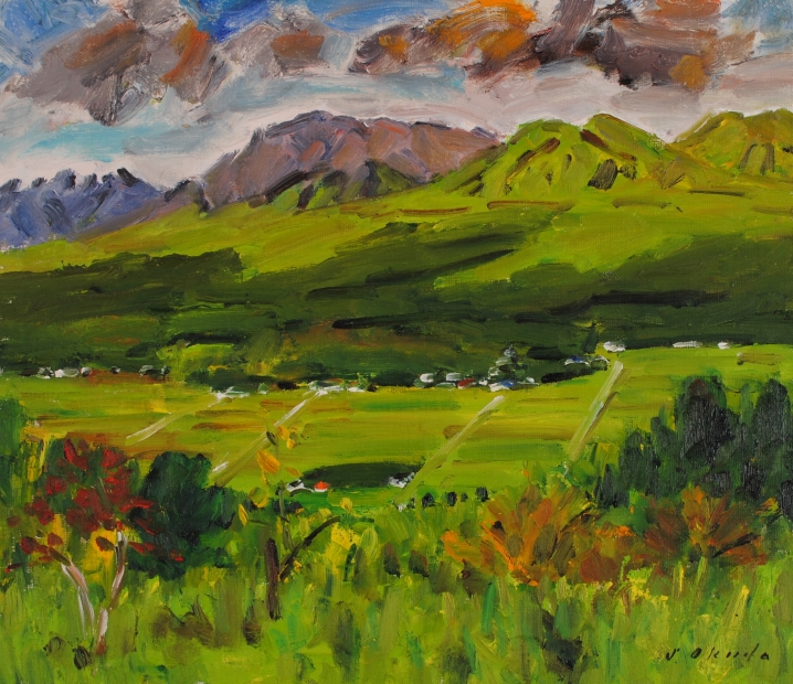 油絵の絵画で熊本の阿蘇の風景画を描いた奥田省一の油絵「阿蘇盛夏」を販売