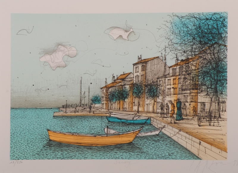 海の絵画をリトグラフの版画で制作したジャン・カルズーの海の絵「港の