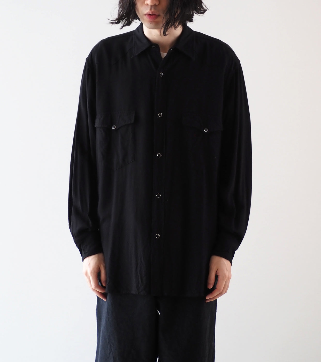 COMOLI レーヨン ウエスタンシャツ, Black – Navyblue